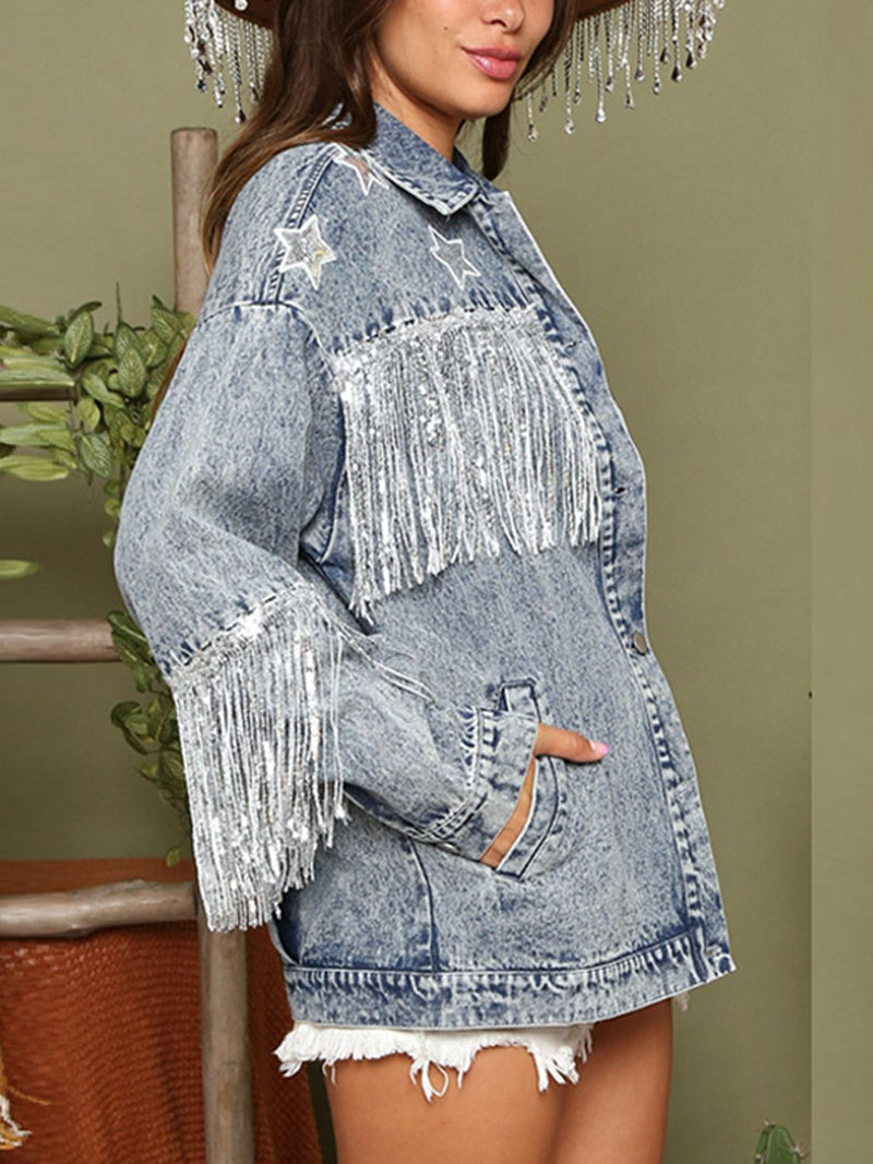 Fringe Detail Long Sleeve Denim Jacket - AnnieMae21