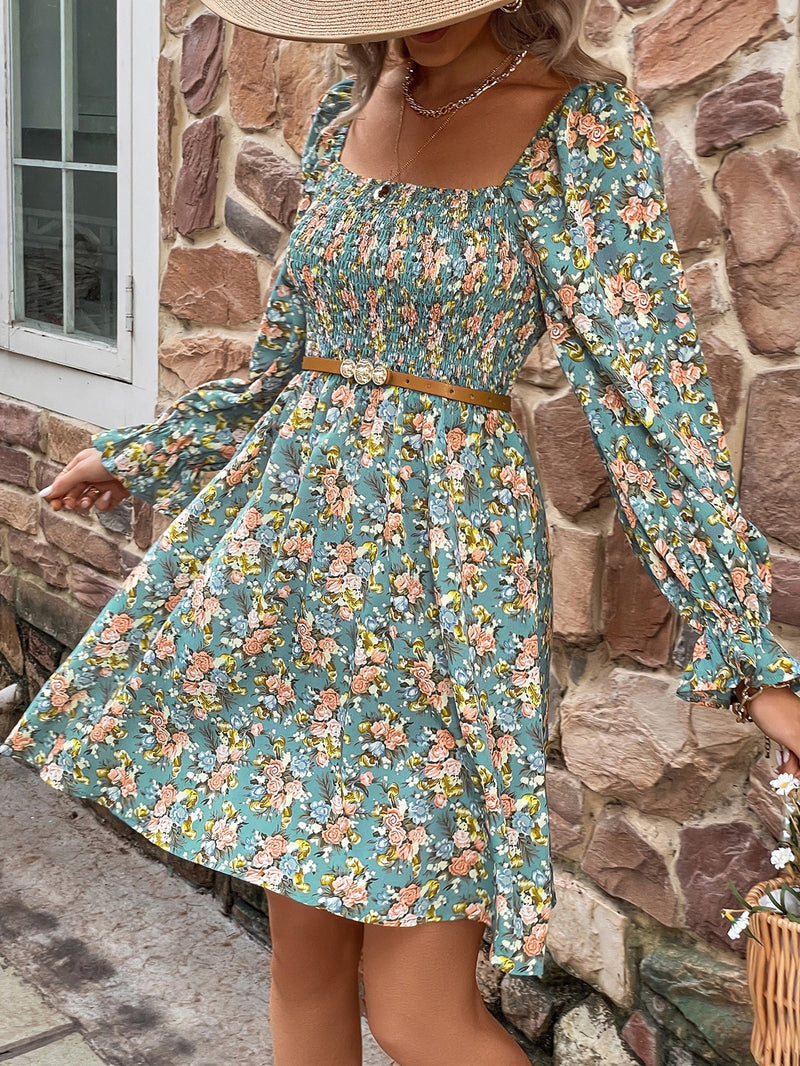 Floral Smocked Flounce Sleeve Square Neck Dress - AnnieMae21