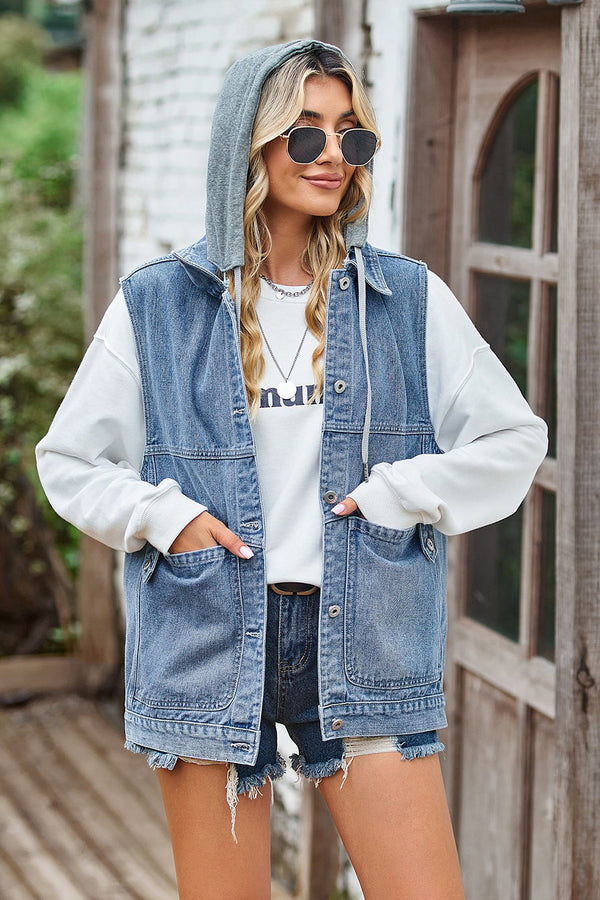 Sleeveless Hooded Denim Jacket with Pockets - AnnieMae21