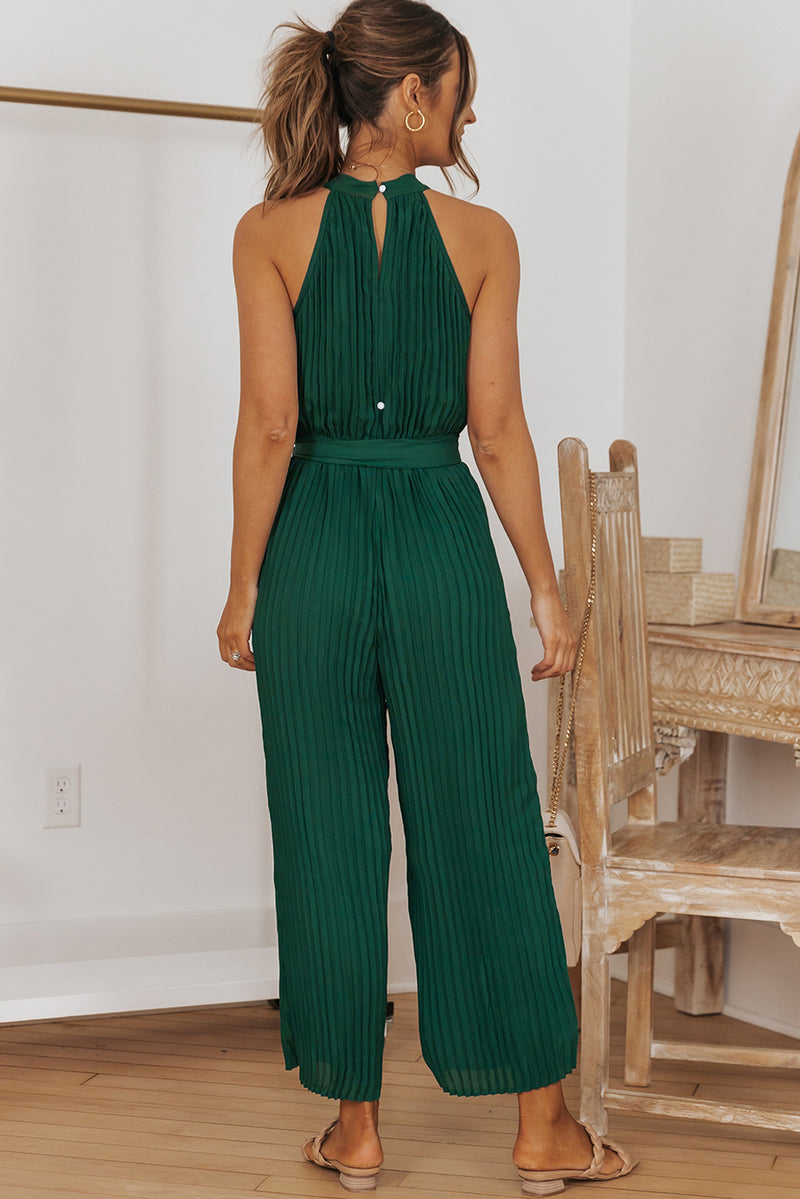 Accordion Pleated Belted Grecian Neck Sleeveless Jumpsuit - AnnieMae21