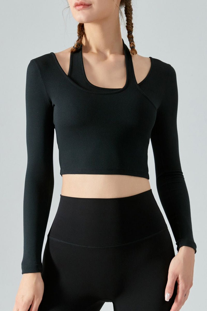 Halter Neck Long Sleeve Cropped Sports Top - AnnieMae21