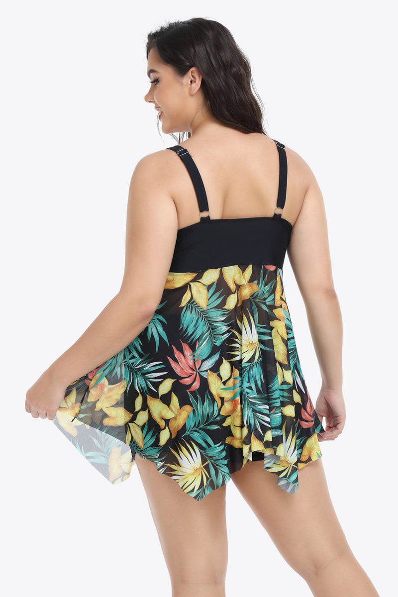 Plus Size Floral Two-Tone Asymmetrical Hem Two-Piece Swimsuit - AnnieMae21