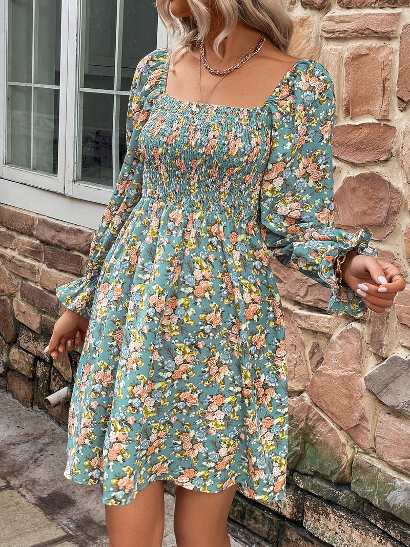 Floral Smocked Flounce Sleeve Square Neck Dress - AnnieMae21