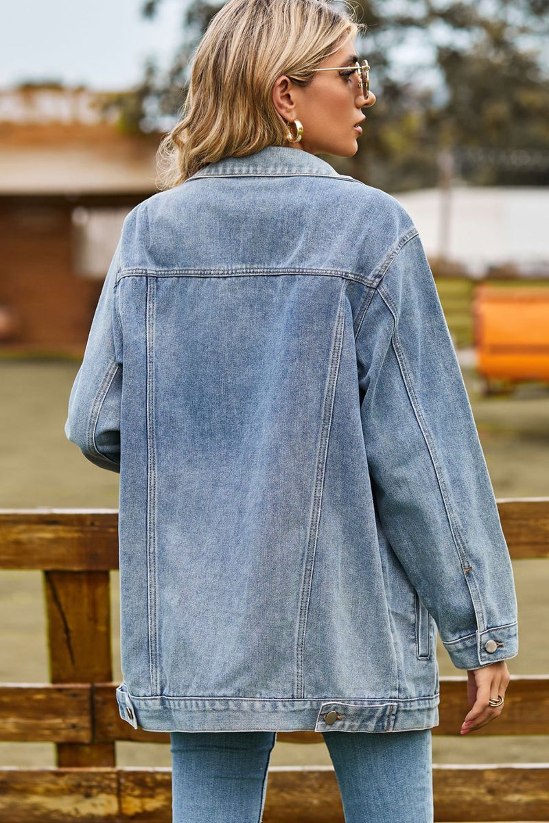 Buttoned Collared Neck Denim Jacket with Pockets - AnnieMae21