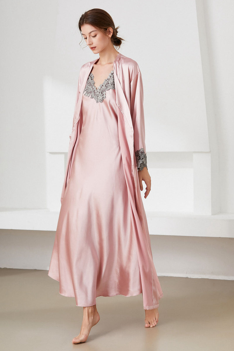 Contrast Lace Trim Satin Night Dress and Robe Set - AnnieMae21