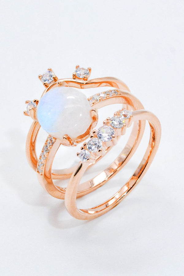 Natural Moonstone and Zircon Three-Piece Ring Set - AnnieMae21