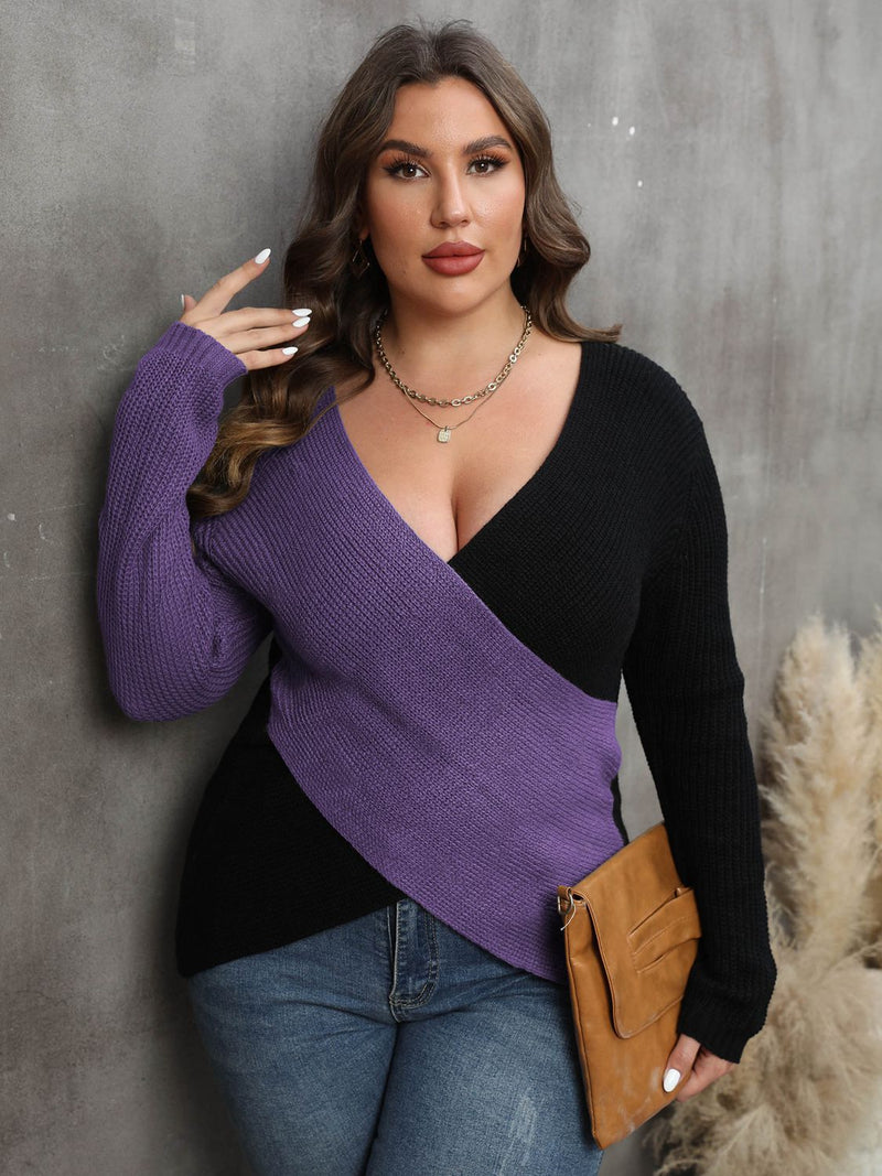 Plus Size Two-Tone Surplice Neck Sweater - AnnieMae21