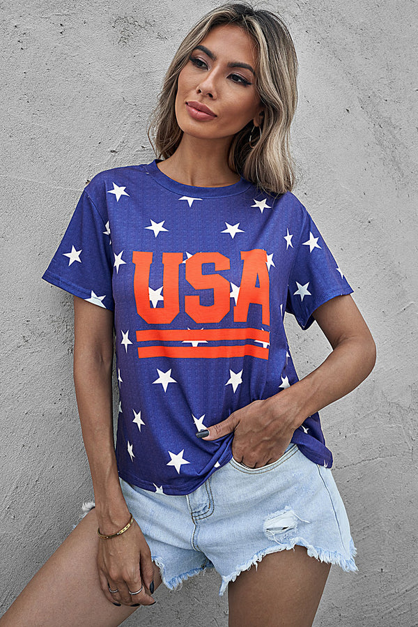 USA Star Print Round Neck T-Shirt - AnnieMae21