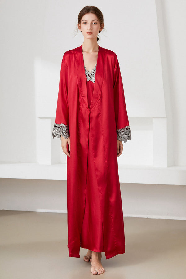Contrast Lace Trim Satin Night Dress and Robe Set - AnnieMae21