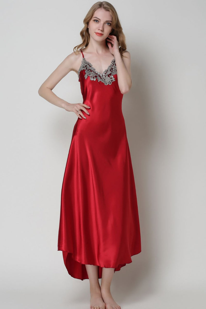 Full Size Lace Trim V-Neck Spaghetti Strap Satin Night Dress - AnnieMae21