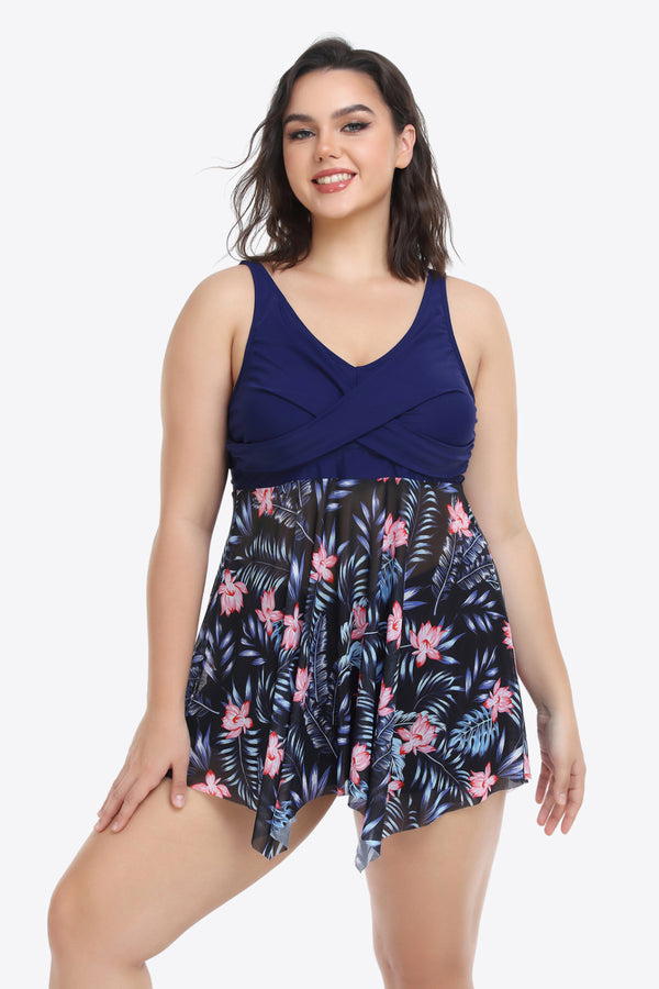 Plus Size Floral Two-Tone Asymmetrical Hem Two-Piece Swimsuit - AnnieMae21