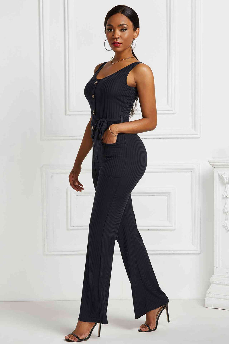 Button Detail Tie Waist Jumpsuit with Pockets - AnnieMae21