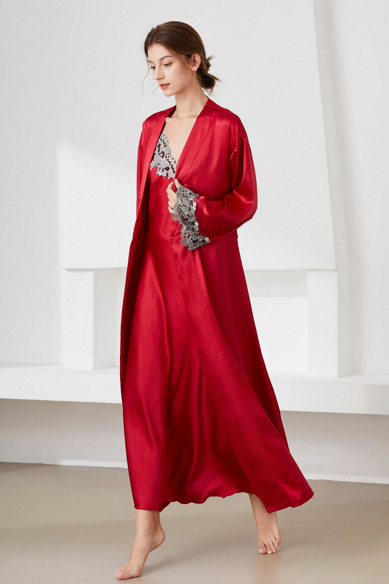 Contrast Lace Trim Satin Night Dress and Robe Set - AnnieMae21