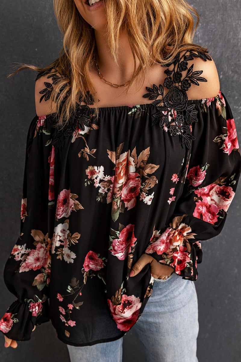 Floral Lace Cold-Shoulder Flounce Sleeve Blouse - AnnieMae21