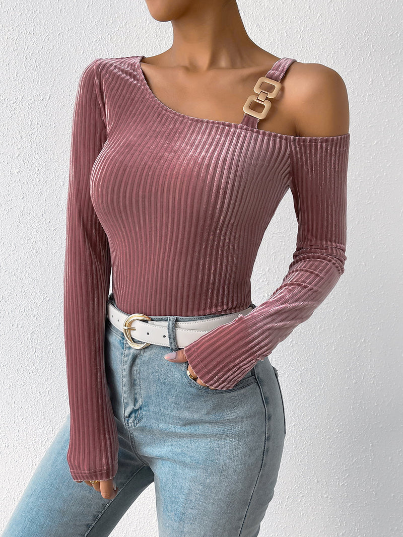 Ribbed Long Sleeve Asymmetrical Blouse - AnnieMae21