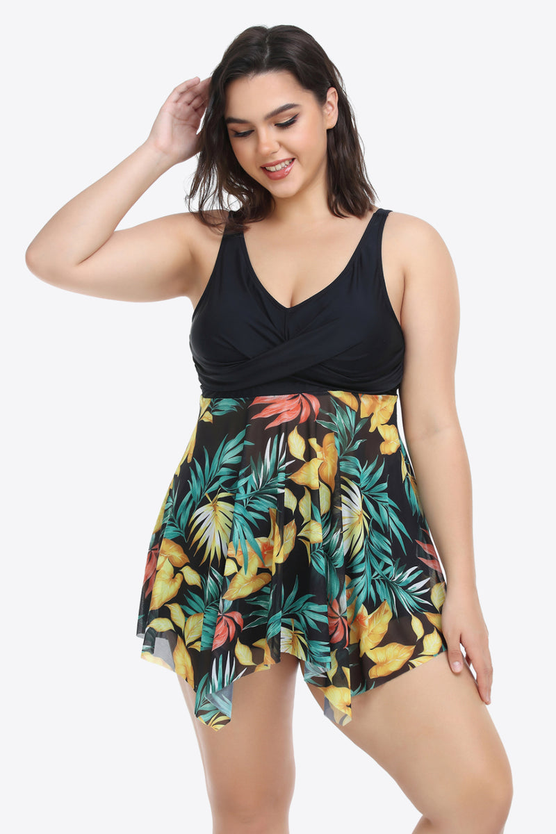 Plus Size Floral Two-Tone Asymmetrical Hem Two-Piece Swimsuit - AnnieMae21