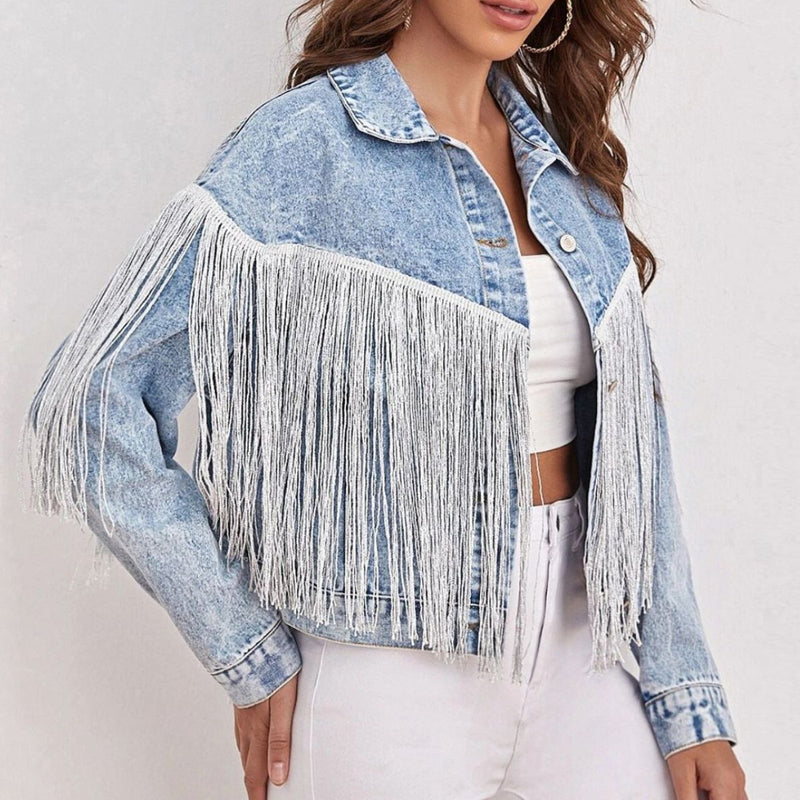 Fringe Detail Collared Neck Long Sleeve Denim Jacket - AnnieMae21