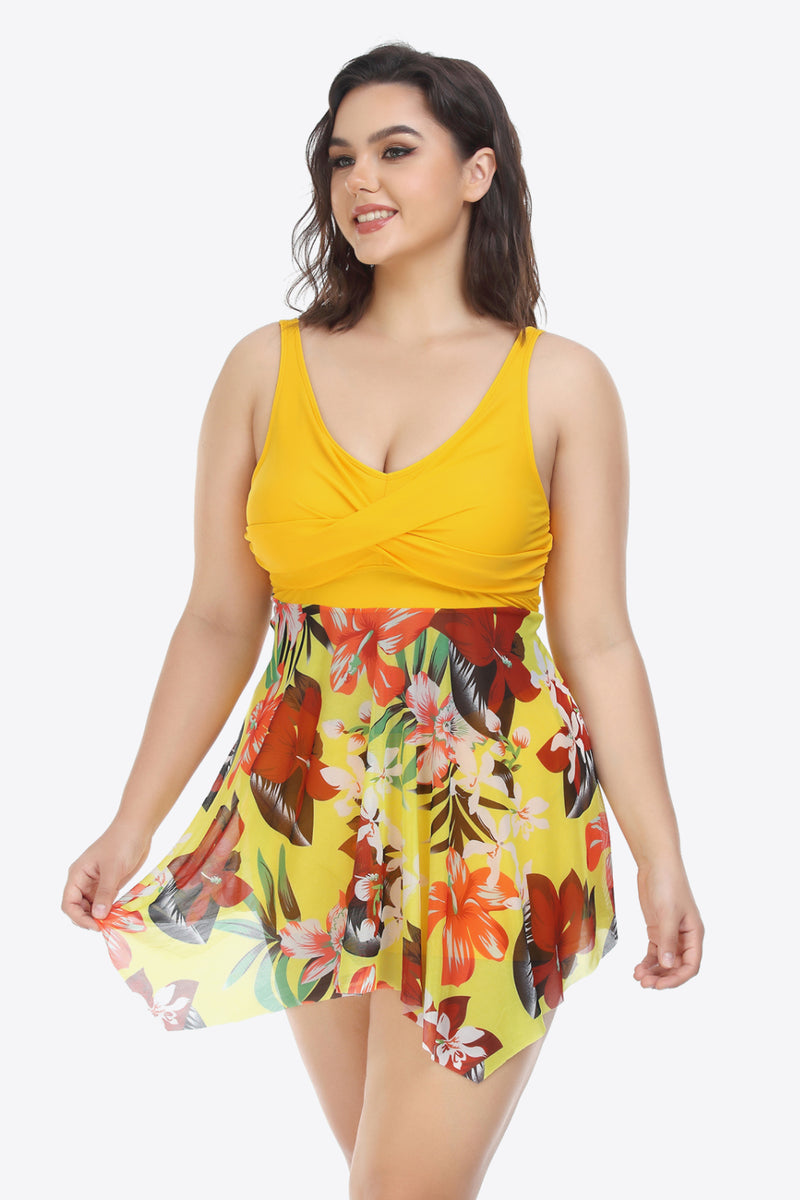 Plus Size Floral Two-Tone Asymmetrical Hem Two-Piece Swimsuit - AnnieMae21