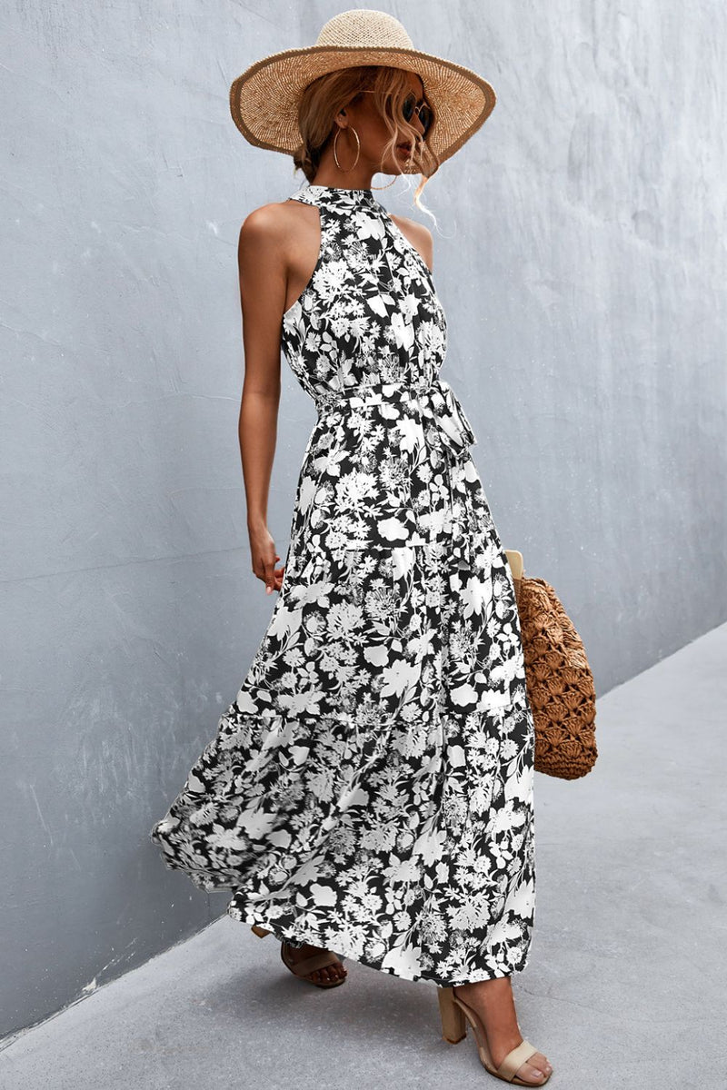 Printed Sleeveless Tie Waist Maxi Dress - AnnieMae21