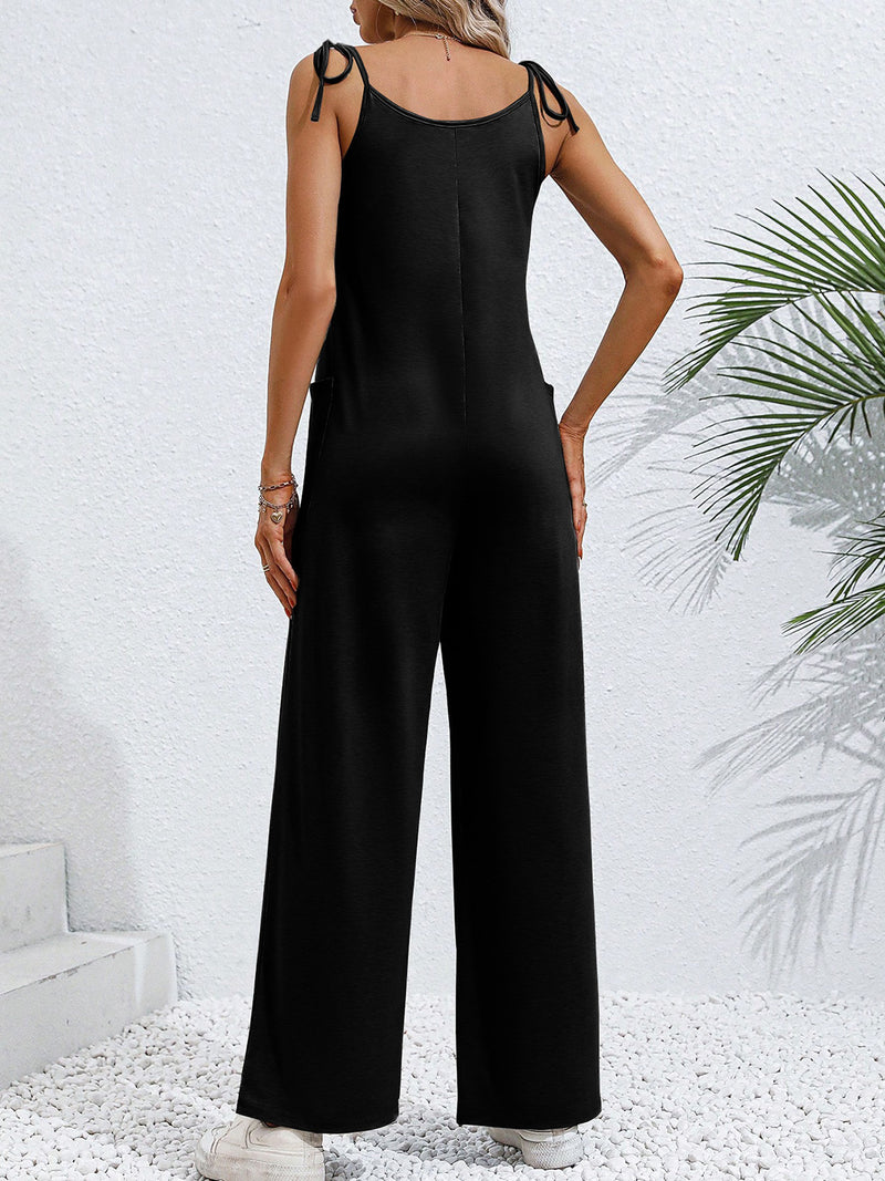 Tie-Shoulder Wide Leg Jumpsuit with Pockets - AnnieMae21