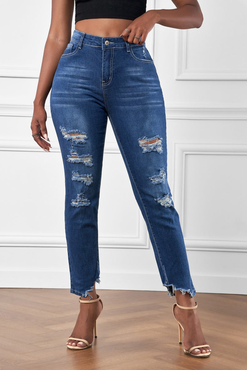 High-Rise Distressed Hem Detail Jeans - AnnieMae21