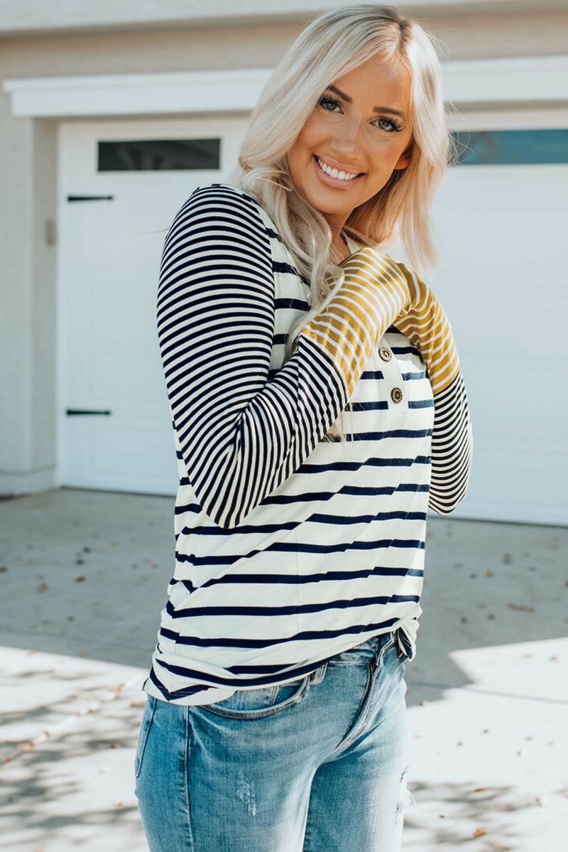 Striped Buttoned Long Sleeve Top - AnnieMae21