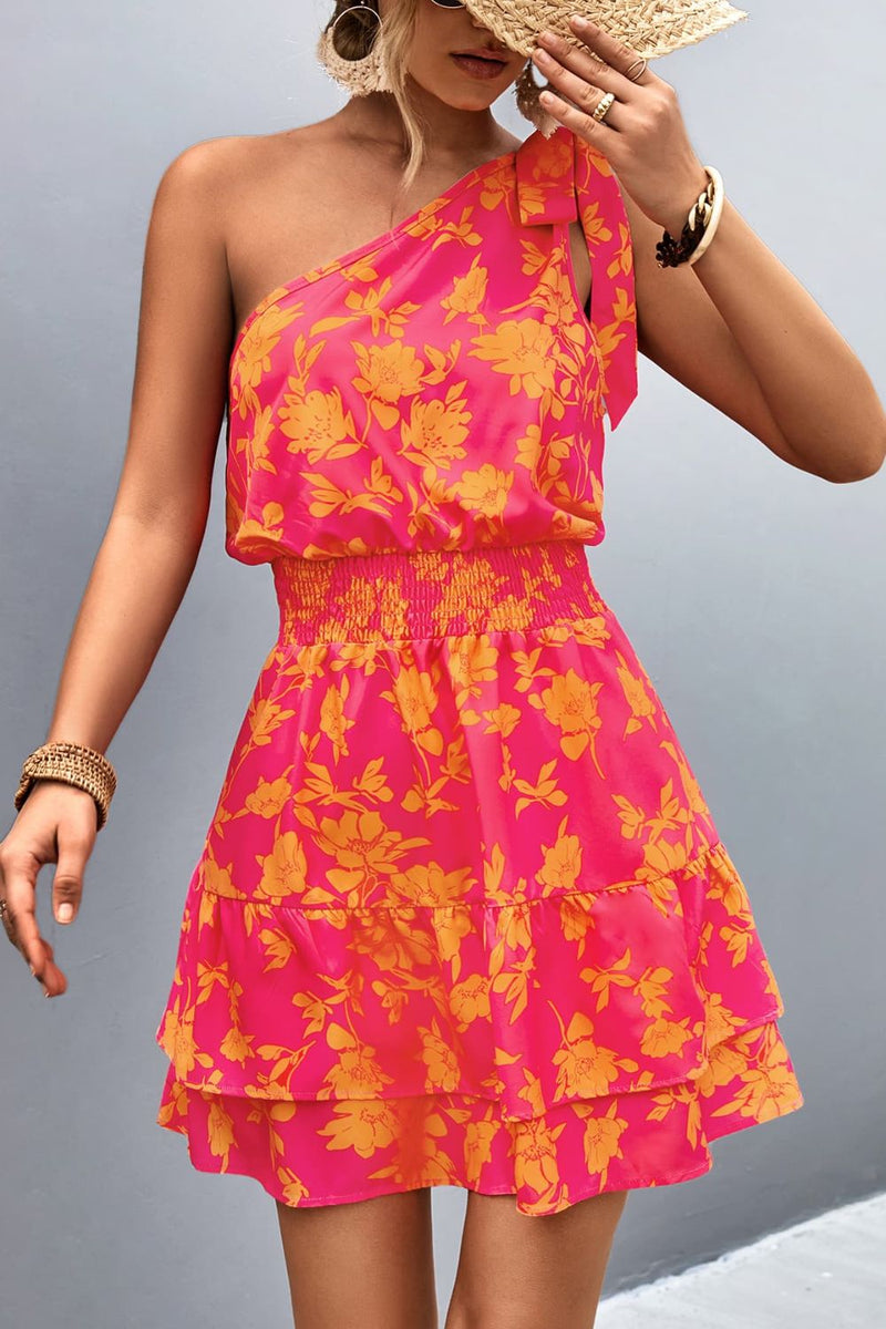 Floral Smocked Waist Tied One-Shoulder Dress - AnnieMae21