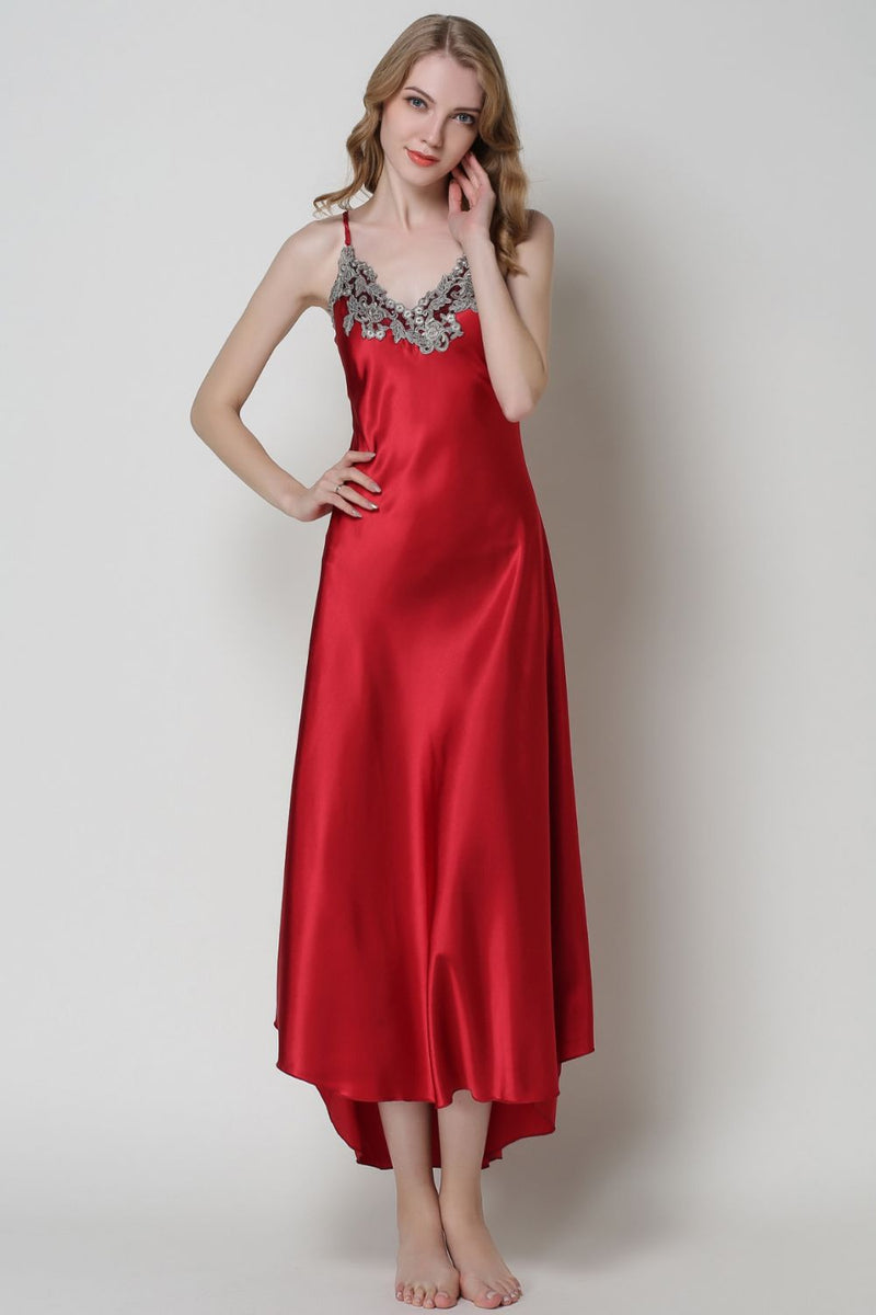 Full Size Lace Trim V-Neck Spaghetti Strap Satin Night Dress - AnnieMae21