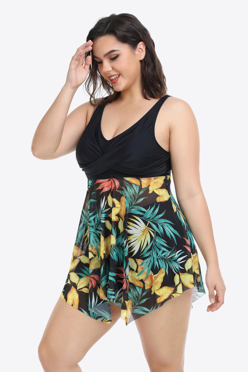 Plus Size Floral Two-Tone Asymmetrical Hem Two-Piece Swimsuit - AnnieMae21