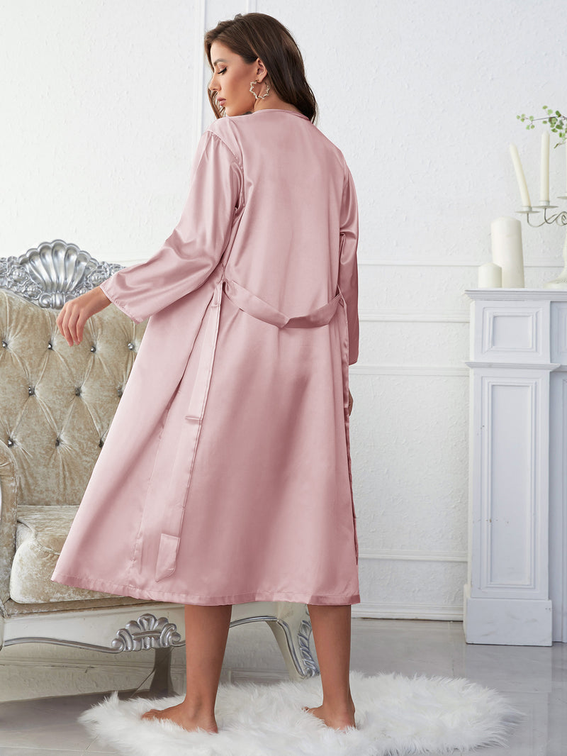 Satin V-Neck Cami, Shorts, and Belted Robe Pajama Set - AnnieMae21