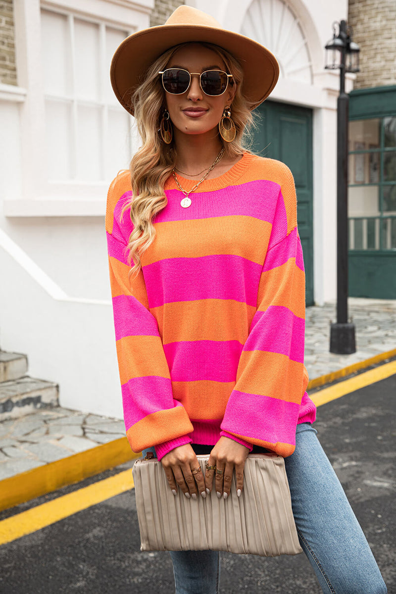 Striped Balloon Sleeve Knit Pullover - AnnieMae21