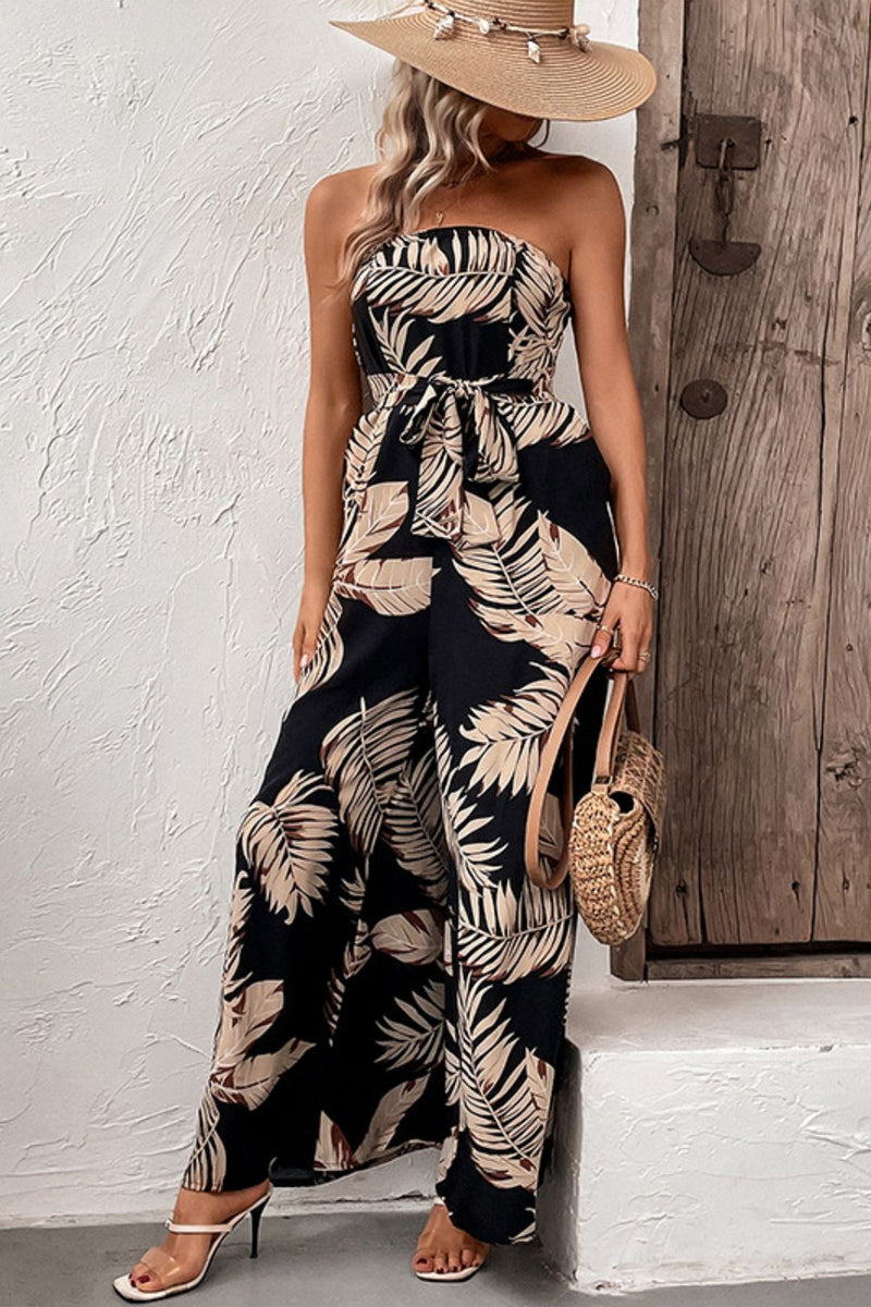 Printed Strapless Wide Leg Jumpsuit with Pockets - AnnieMae21