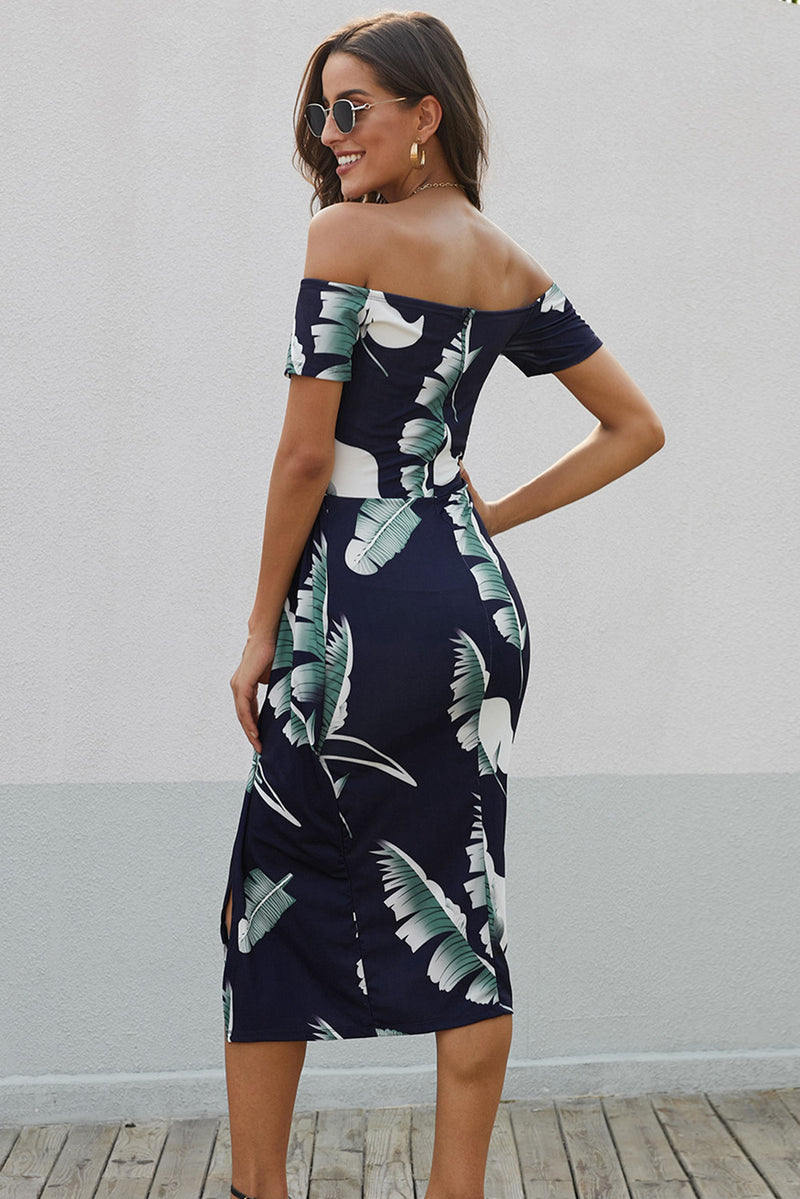 Printed Off-Shoulder Split Dress - AnnieMae21