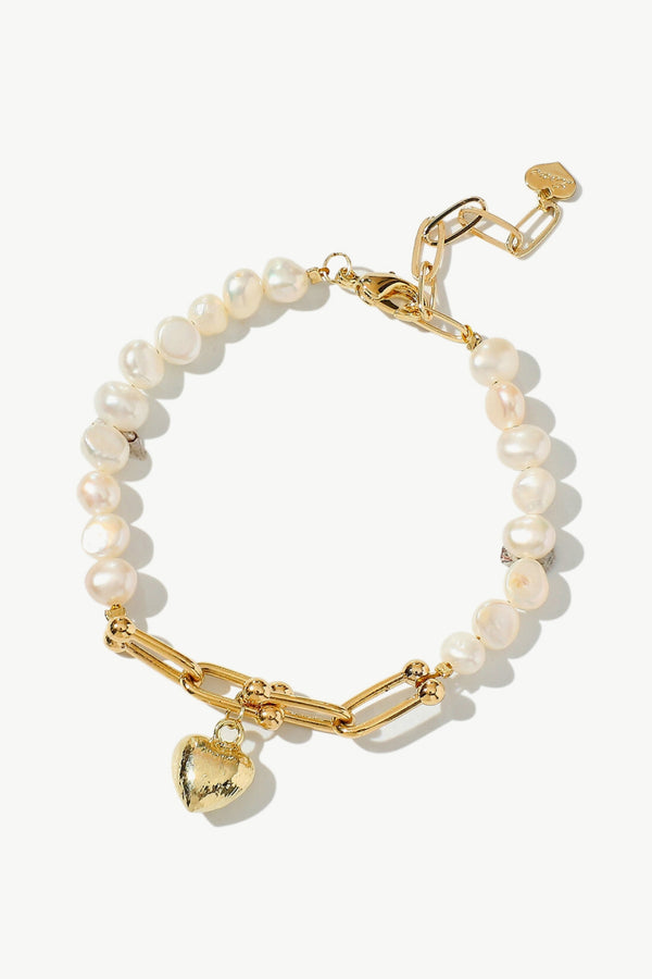 14K Gold Plated Heart Charm Pearl Bracelet - AnnieMae21