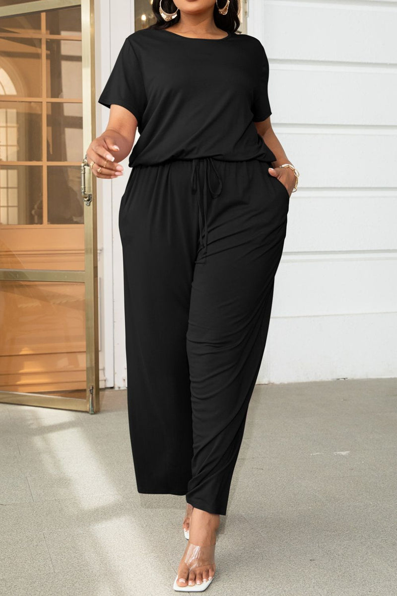 Plus Size Drawstring Waist Short Sleeve Jumpsuit - AnnieMae21