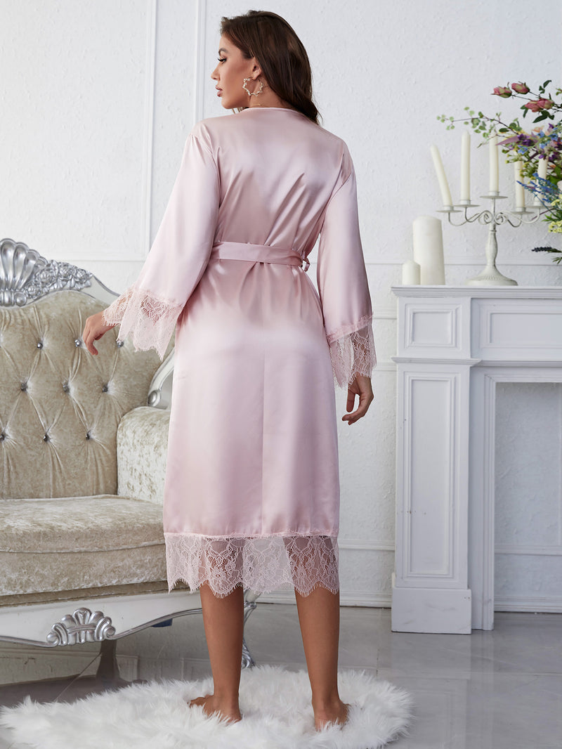 Scalloped Trim Tie-Waist Spliced Lace Robe - AnnieMae21