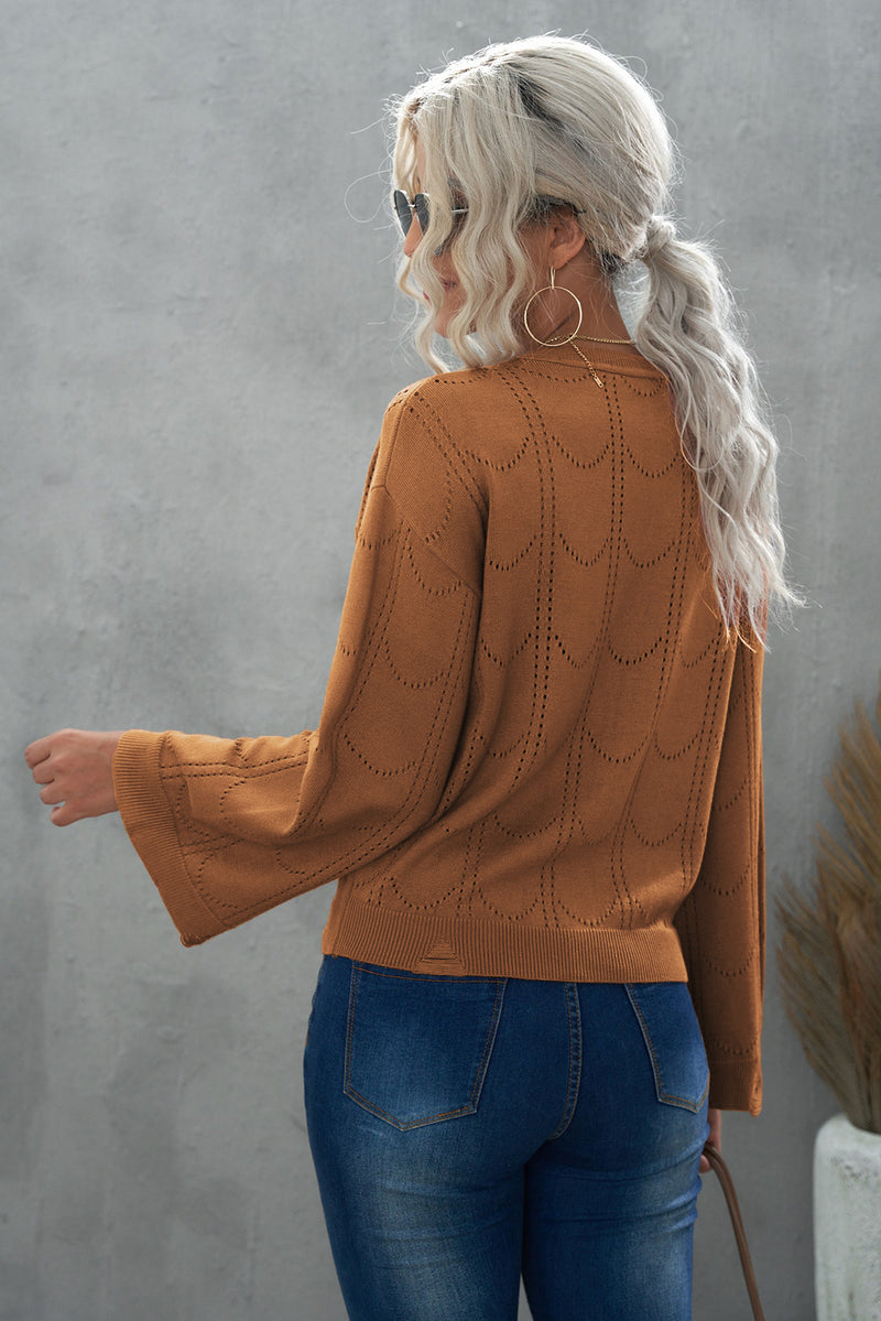 Openwork Flare Sleeve Pullover Sweater - AnnieMae21