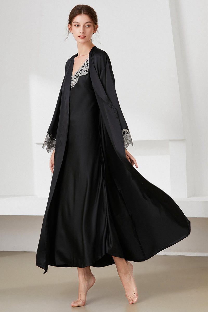 Contrast Lace Trim Satin Night Dress and Robe Set - AnnieMae21