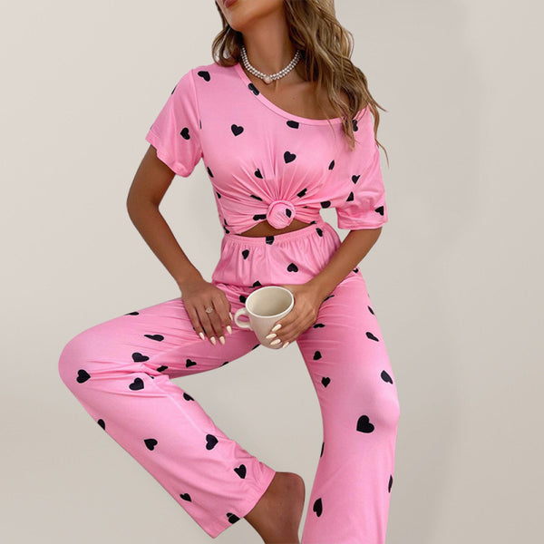 Women's Sweet Pajama Set With Allover Heart Print - AnnieMae21
