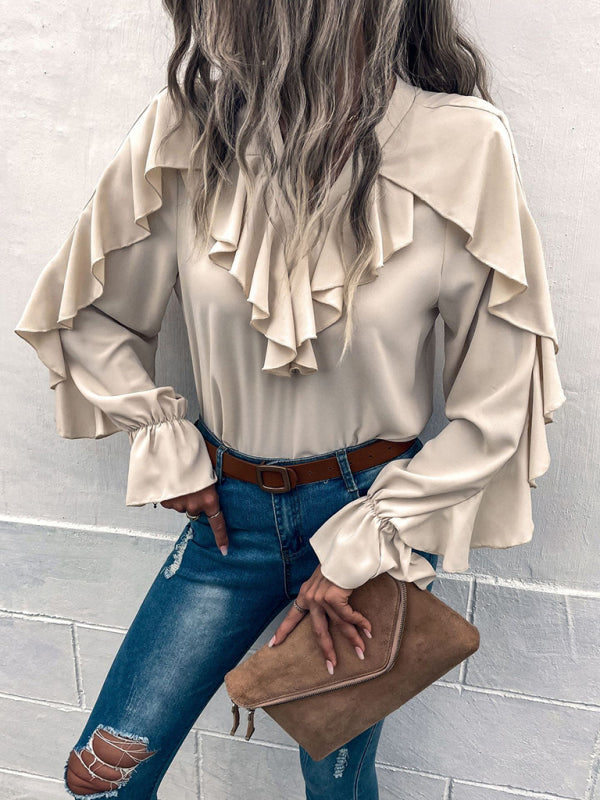 Women's Solid V-Neck Ruffle Panel Top - AnnieMae21