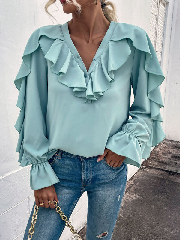 Women's Solid V-Neck Ruffle Panel Top - AnnieMae21