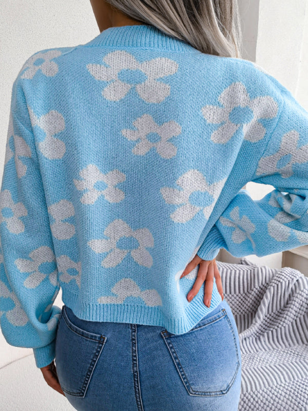 Women's fashion contrast color flower lantern sleeve cardigan sweater coat