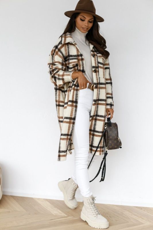 Spring and autumn new women's long-sleeved plaid print mid-length shirt coat