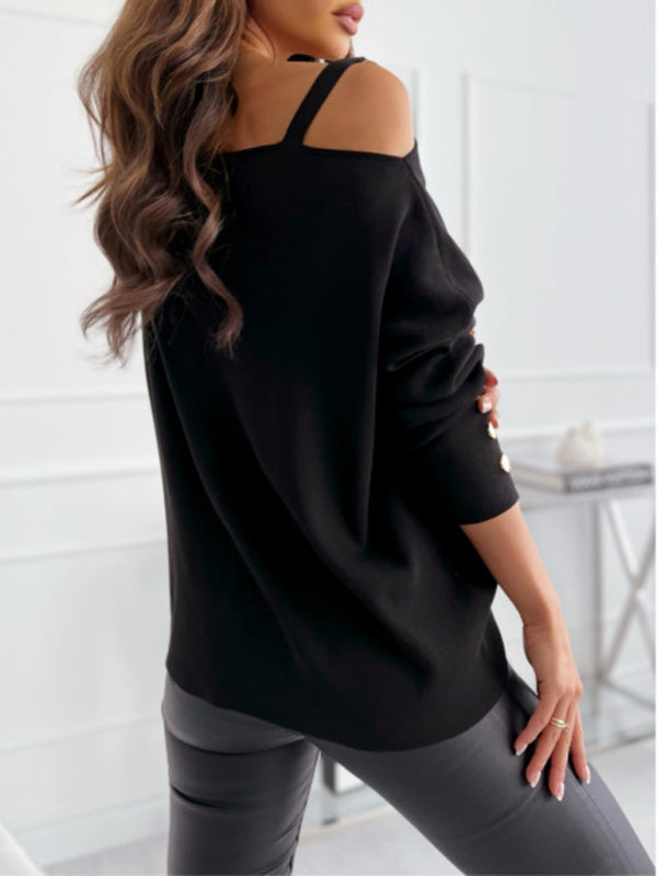 Women’s Chic Solid Color Asymmetric Neckline Embellished Long Sleeves Knit Top - AnnieMae21