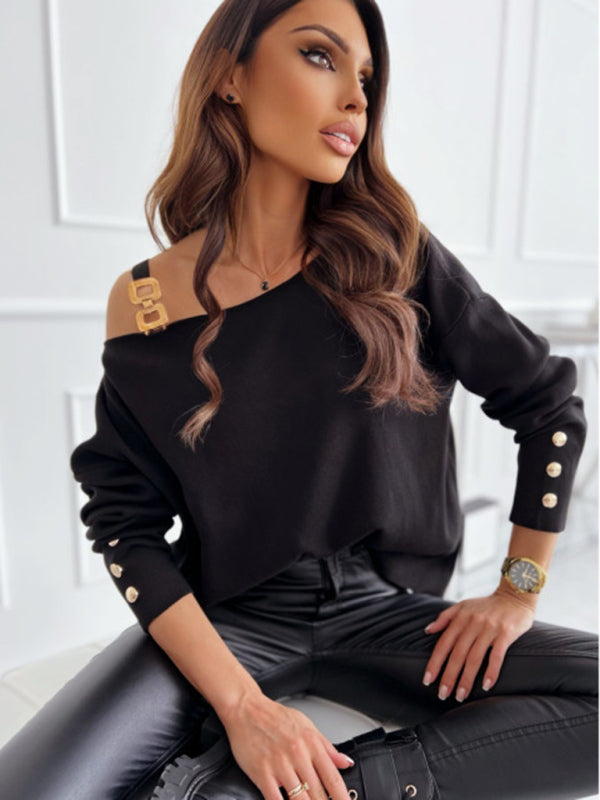 Women’s Chic Solid Color Asymmetric Neckline Embellished Long Sleeves Knit Top - AnnieMae21