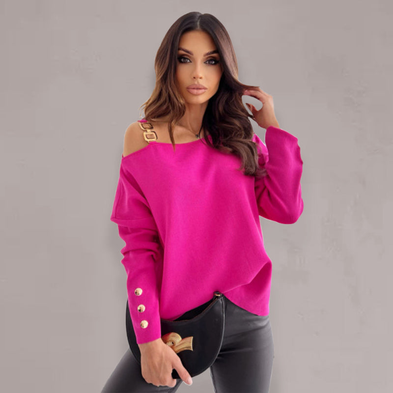 Women’s Chic Solid Color Asymmetric Neckline Embellished Long Sleeves Knit Top - AnnieMae21