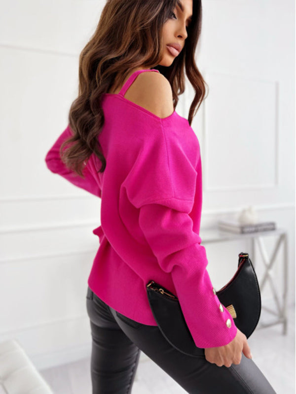 Women’s Chic Solid Color Asymmetric Neckline Embellished Long Sleeves Knit Top - AnnieMae21