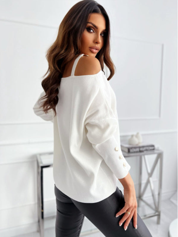 Women’s Chic Solid Color Asymmetric Neckline Embellished Long Sleeves Knit Top - AnnieMae21