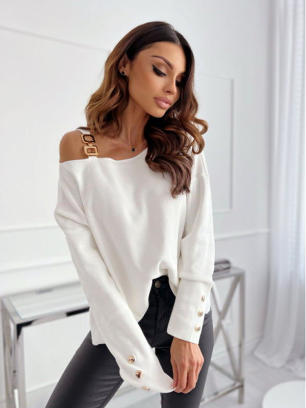 Women’s Chic Solid Color Asymmetric Neckline Embellished Long Sleeves Knit Top - AnnieMae21