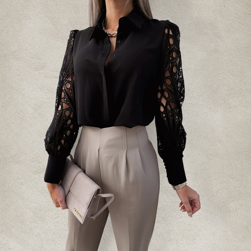 Women’s Solid Color Lace Sleeve Buttons Cuffs Button Front Shirt Blouse - AnnieMae21